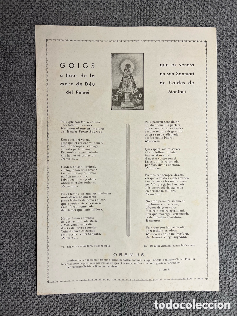 Antig&uuml;edades: GOIGS A LLAOR DE LA MARE DE D&Eacute;U DEL REMEI - CALDES DE MONTBUI (1956)