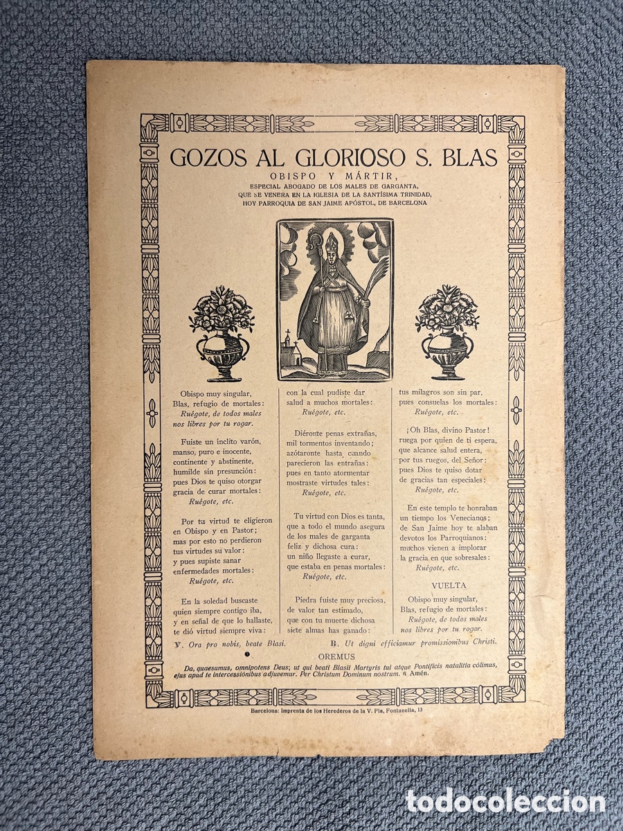 Antig&uuml;edades: GOZOS AL GLORIOSO SAN BLAS, PARROQUIA SAN JAIME AP&Oacute;STOL, IMP. H. VDA. PLA- BARCELONA