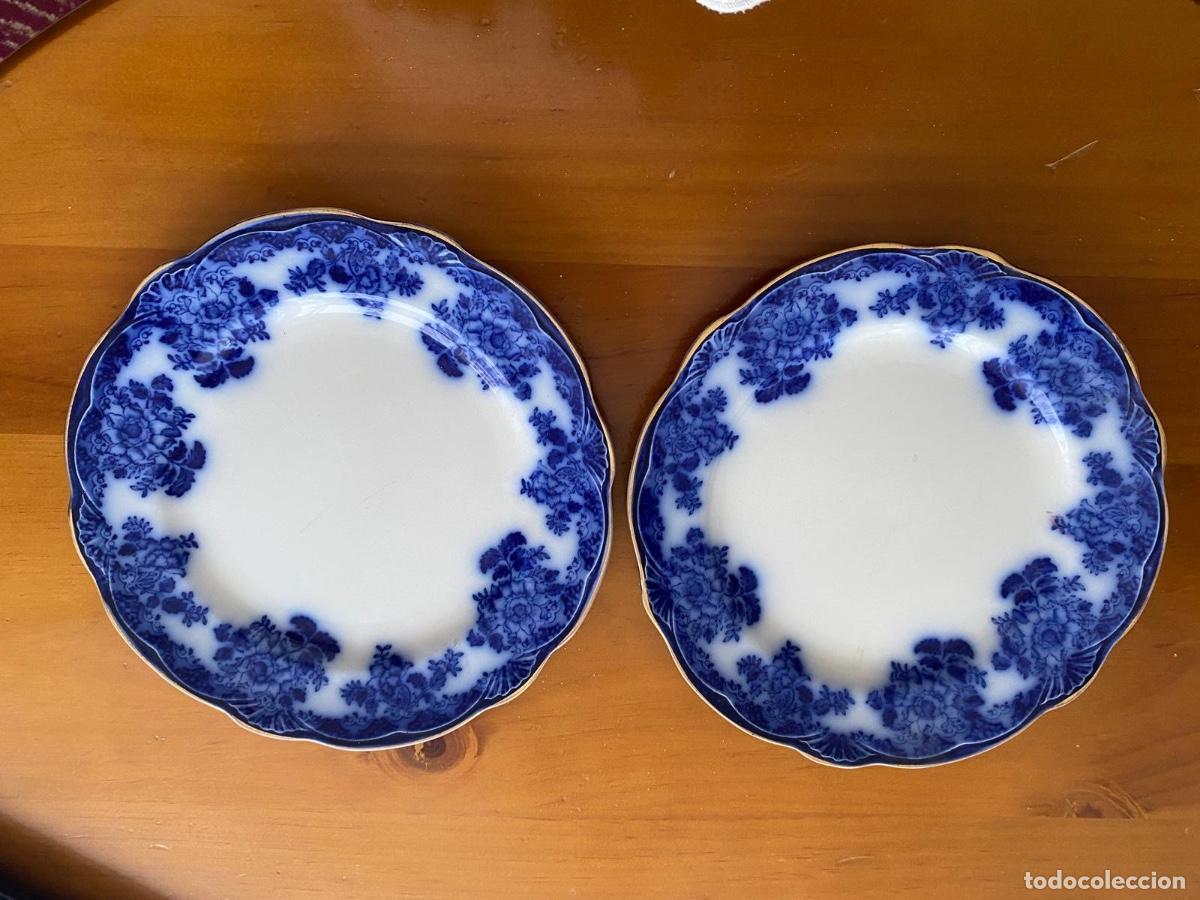 Antig&uuml;edades: 2 platos antiguos ingleses Wood & Son &ndash; Stafford &ndash; azul y blanco floral