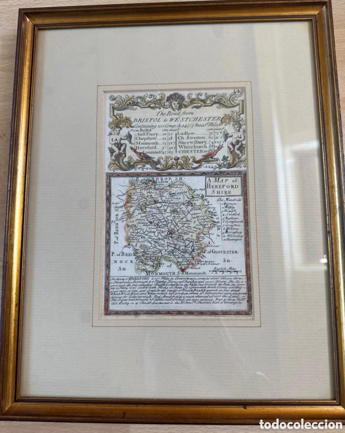 Antig&uuml;edades: Antiguo mapa cartogr&aacute;fico original de John Ogilby (Siglo XVII) enmarcado
