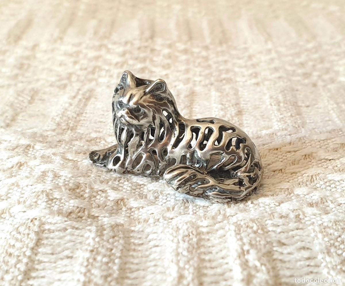 Antig&uuml;edades: Figura de gato de plata 925, estatuilla miniatura vintage de colecci&oacute;n