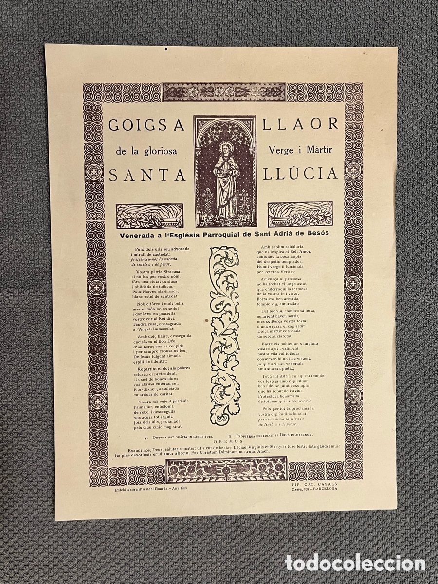 Antig&uuml;edades: Goigs a llaor de la Gloriosa Verge i M&aacute;rtir Santa Ll&uacute;cia. Venerada a Sant Adri&agrave; de Bes&oacute;s (a.1953)