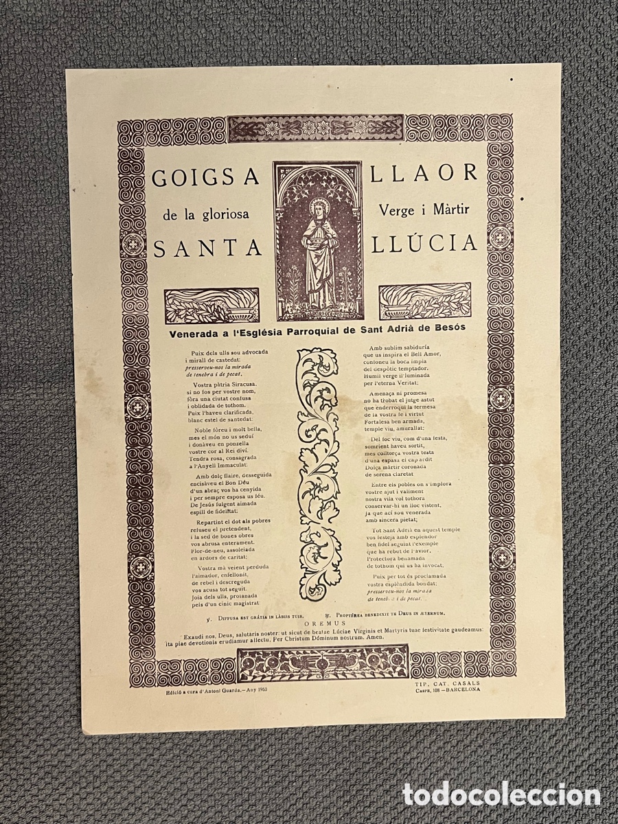 Antig&uuml;edades: Goigs a llaor de la Gloriosa Verge i M&aacute;rtir Santa Ll&uacute;cia. Venerada a Sant Adri&agrave; de Bes&oacute;s (a.1953)