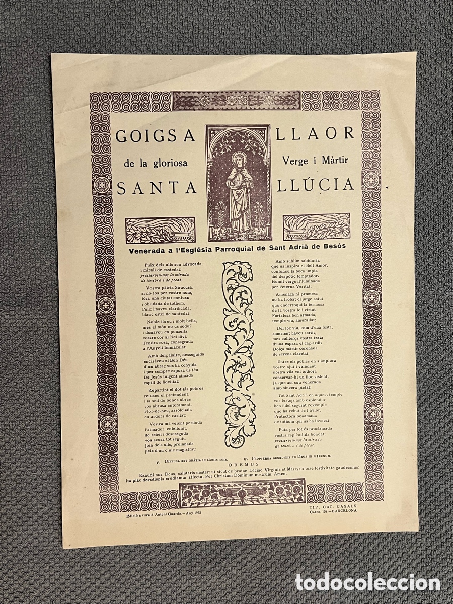 Antig&uuml;edades: Goigs a llaor de la Gloriosa Verge i M&aacute;rtir Santa Ll&uacute;cia. Venerada a Sant Adri&agrave; de Bes&oacute;s (a.1953)