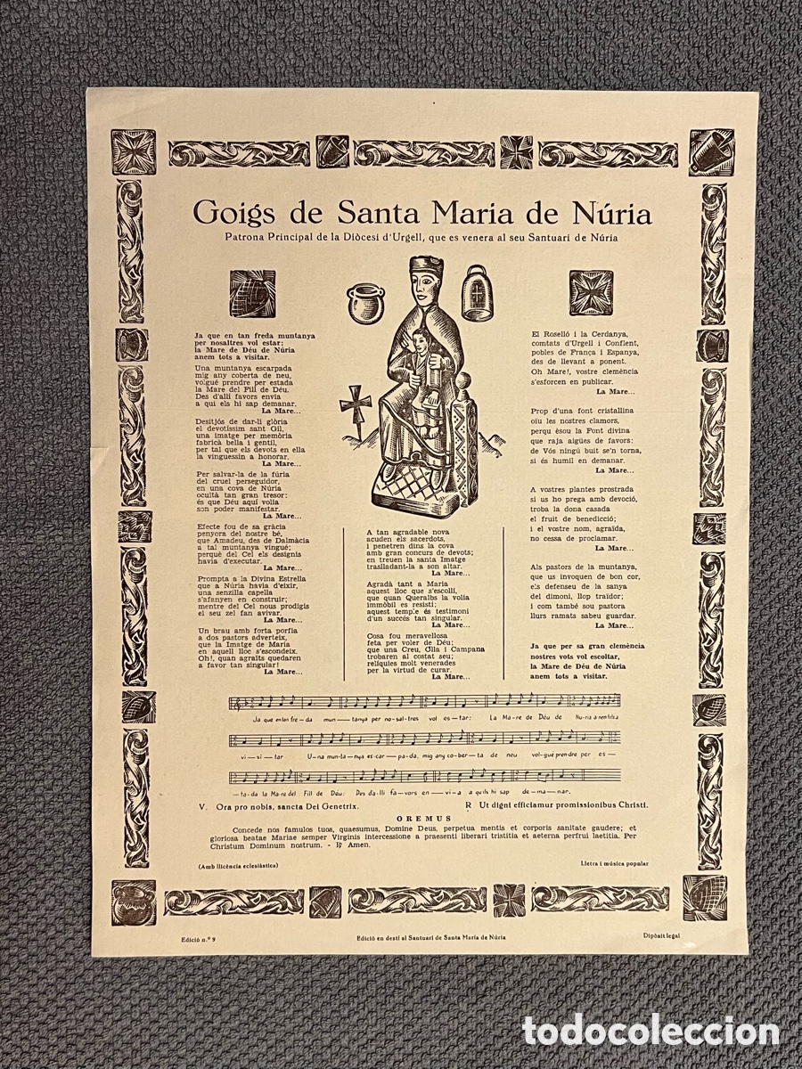 Antig&uuml;edades: GOIGS DE SANTA MARIA DE N&Uacute;RIA PATRONA DI&Ograve;CESI D'URGELL SANTUARI. Lletra l m&uacute;sica popular