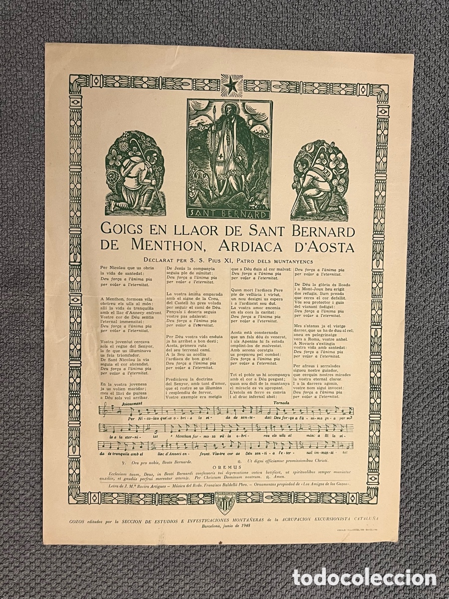 Antig&uuml;edades: GOIGS EN LLAOR DE SANT BERNARD DE MENTHON, ARDIACA D'AOSTA (a.1948)