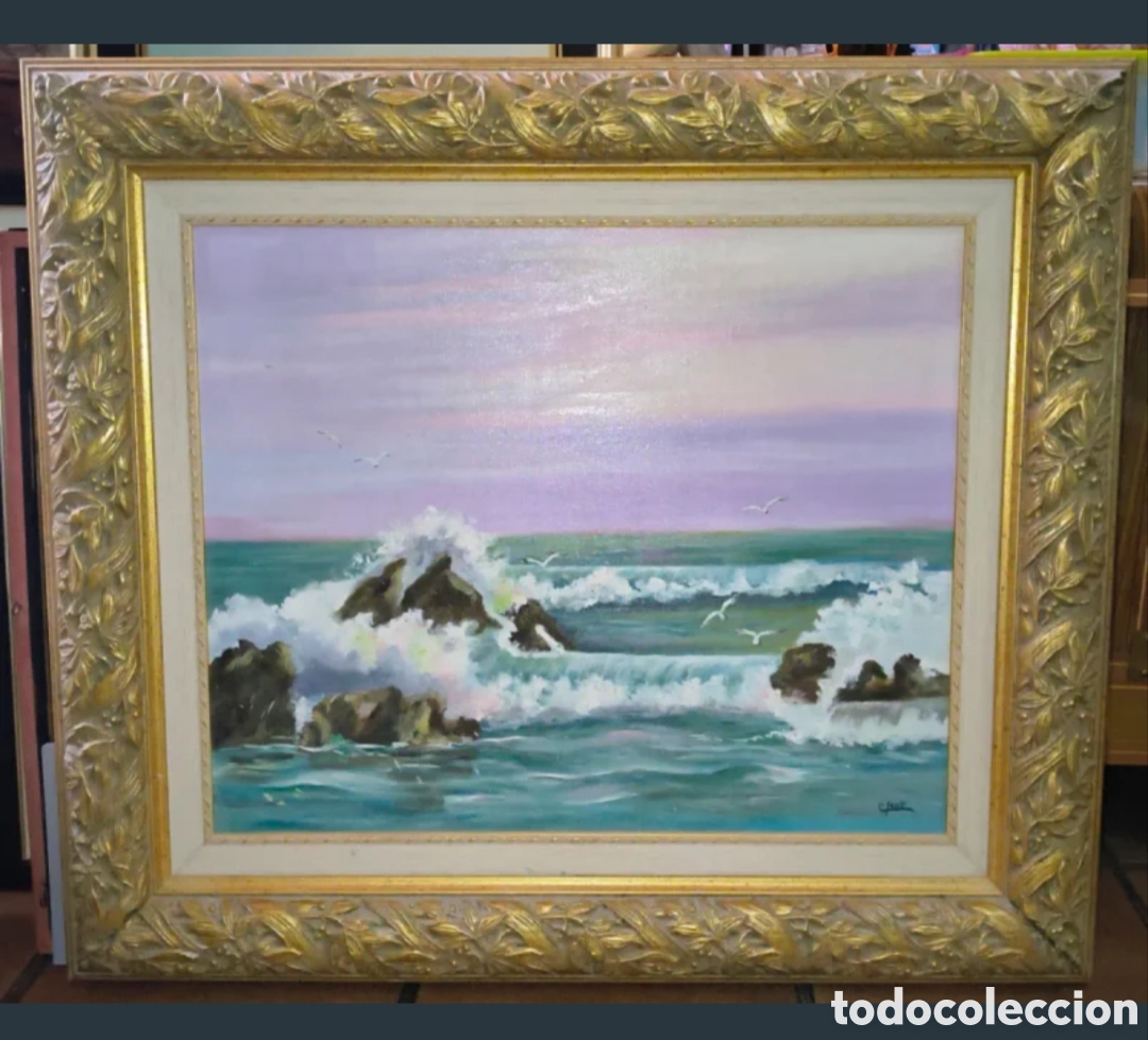 Antig&uuml;edades: Pintura de paisaje marino al &oacute;leo
