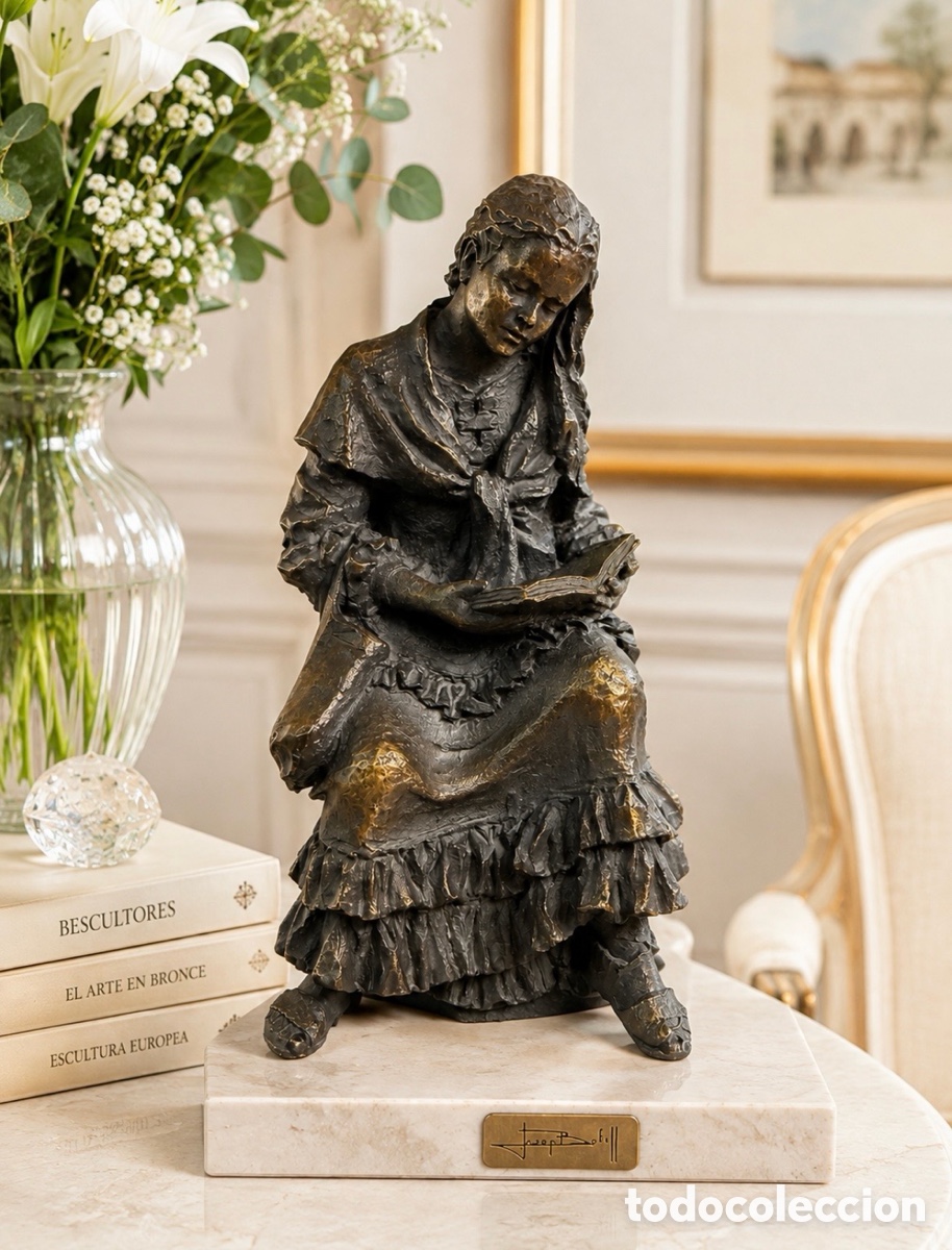Antig&uuml;edades: Escultura de bronce Mujer leyendo Boffil