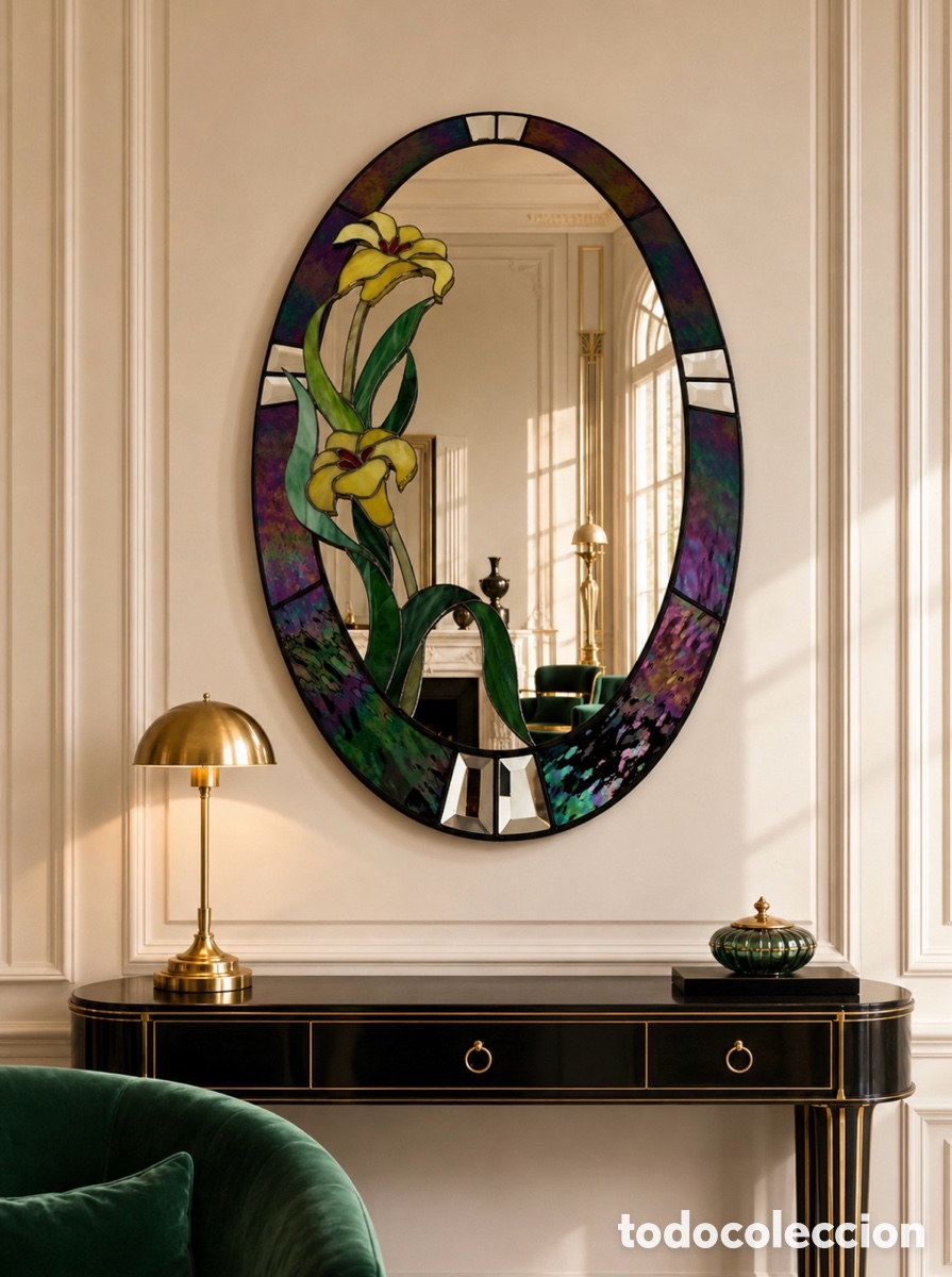 Antig&uuml;edades: Espejo emplomado estilo Art Nouveau Flor Cristal