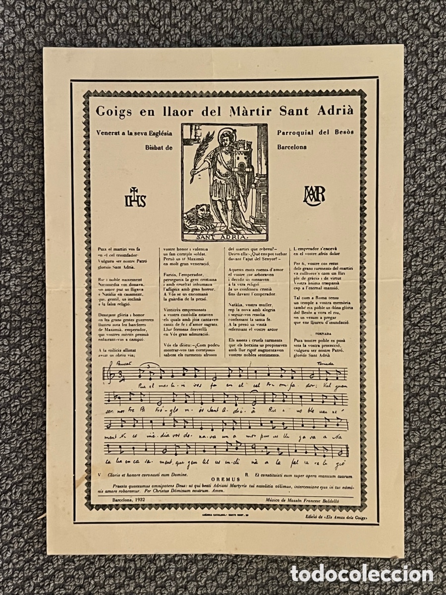 Antig&uuml;edades: Goigs en llaor del M&agrave;rtir Sant Adri&agrave;. Venerat a la seva iglesia Parroquial del Besos (h.1932?)