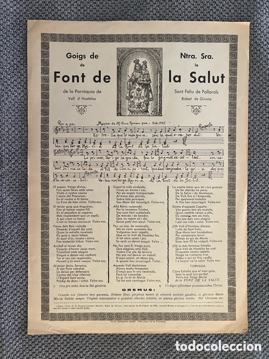 Antig&uuml;edades: Goigs de Ntra Sra de la Font de la Salut. Sant Feliu de Pallarols GIRONA. Olot Imp. Bonet (a.1939)