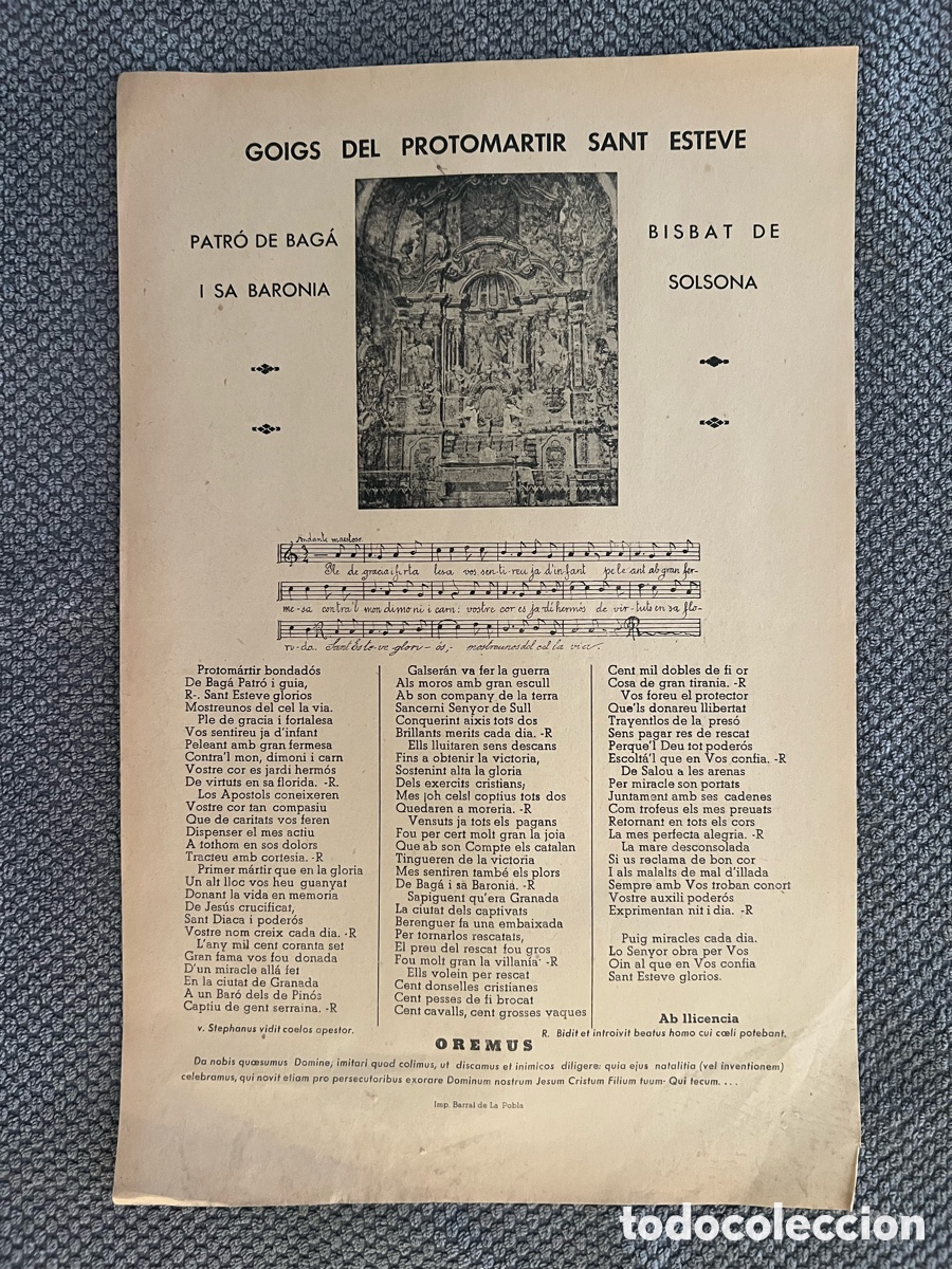 Antig&uuml;edades: GOIGS EN HONOR DEL PROTOM&Agrave;RTIR SANT ESTEVE PATR&Oacute; DE BAGA I SA BARONIA (h.1930?)