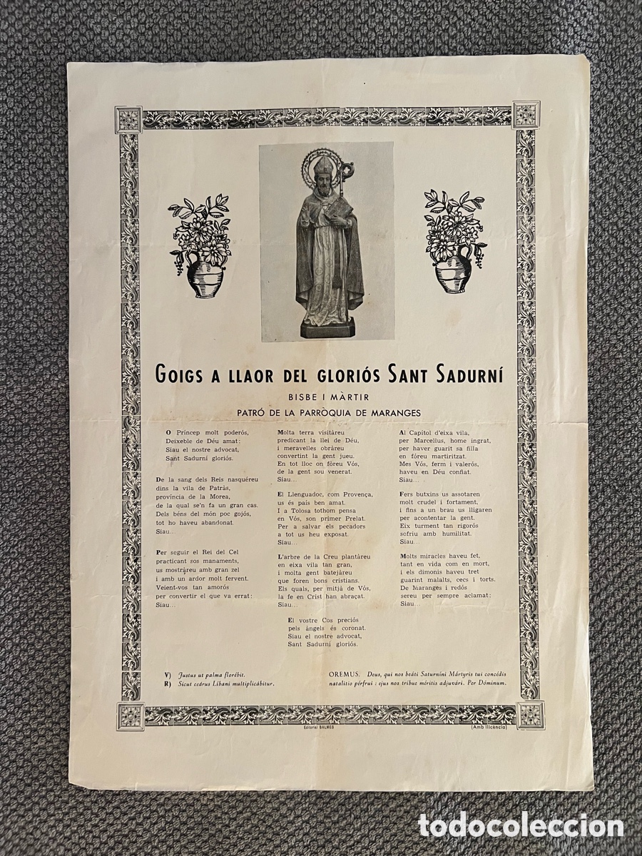Antig&uuml;edades: GOIGS A LLAOR DEL GLORI&Oacute;S SANT SADURN&Iacute; BISBE I M&Aacute;RTIR. PATR&Oacute; DE LA PARROQUIA DE MARANGES