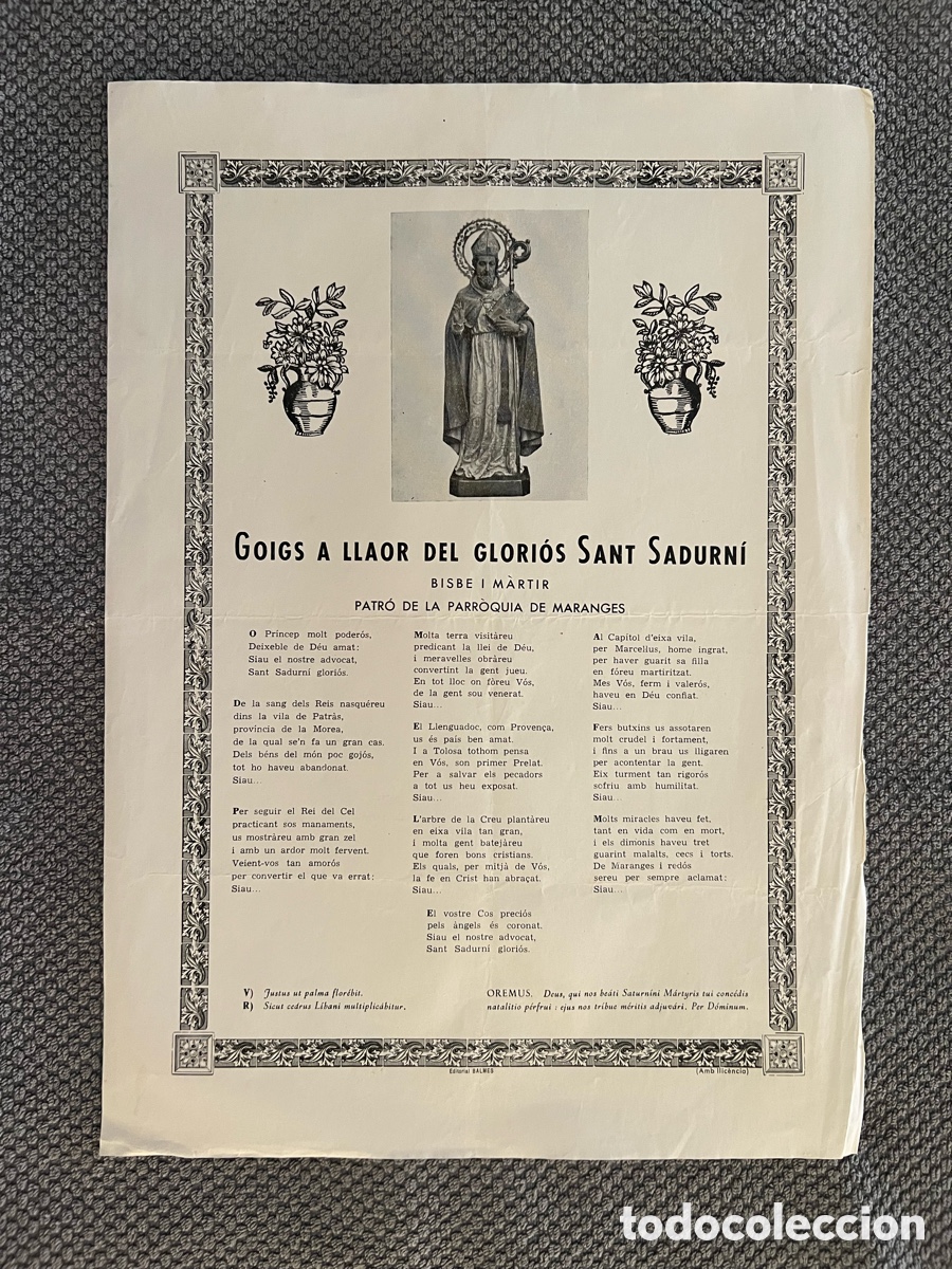 Antig&uuml;edades: GOIGS A LLAOR DEL GLORI&Oacute;S SANT SADURN&Iacute; BISBE I M&Aacute;RTIR. PATR&Oacute; DE LA PARROQUIA DE MARANGES