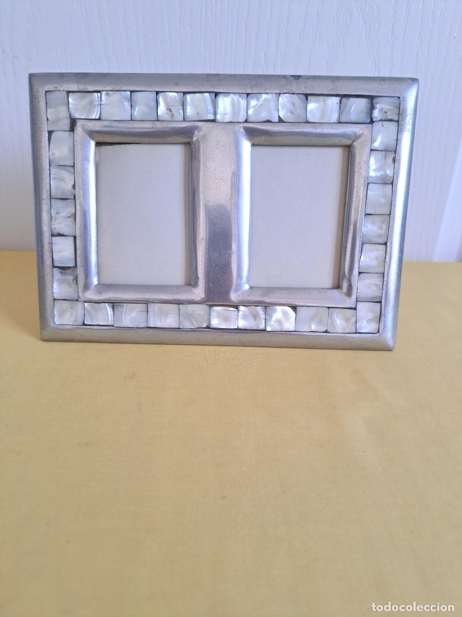 Antig&uuml;edades: PORTAFOTO ALUMINIO/HUESO FOTO DOBLE DE 22X15 CM