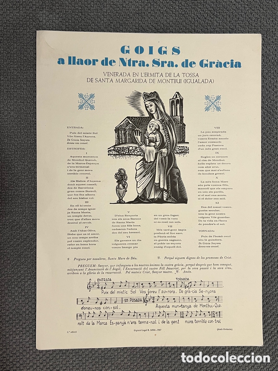 Antig&uuml;edades: GOIGS A LLAOR DE NTRA SRA DE GR&Agrave;CIA DE LA TOSSA DE SANTA MARGARIDA DE MONTBUI (a.1967)