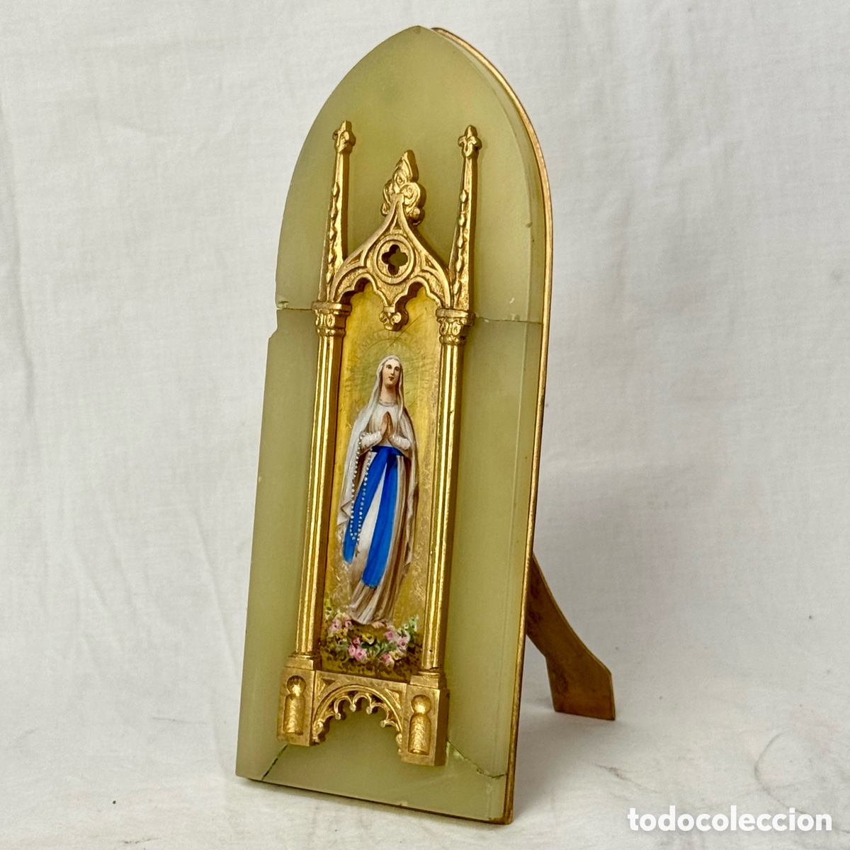 Antig&uuml;edades: ORATORIO FIGURA VIRGEN MARIA SOBREMESA PINTADA PORCELANA ONIX ONICE BRONCE NEOGOTICO P. S. XX