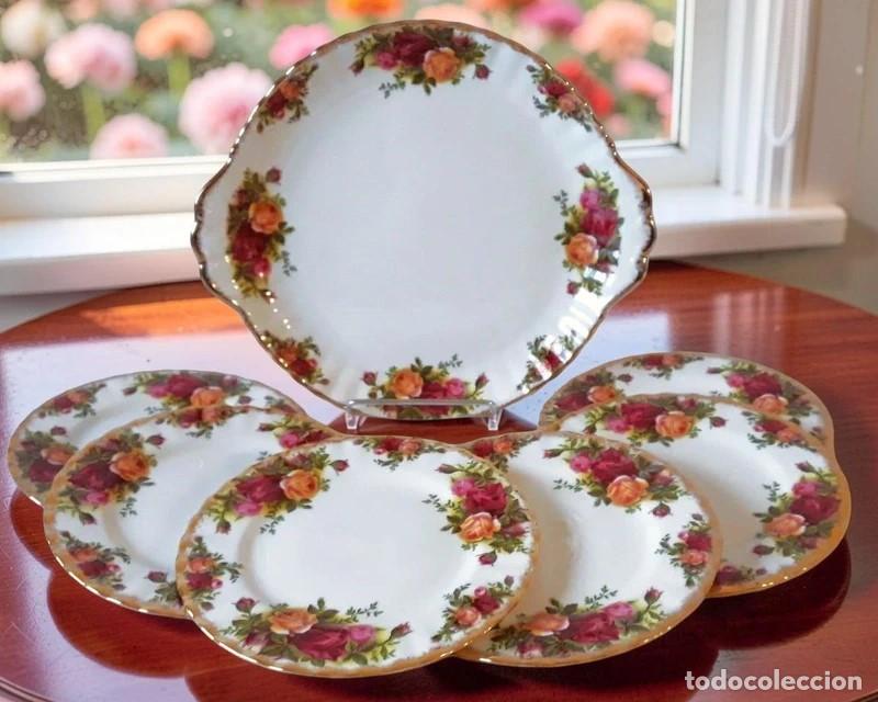 Antig&uuml;edades: 6 platos de postre y 1 Pastelero Royal Albert Old Country Roses