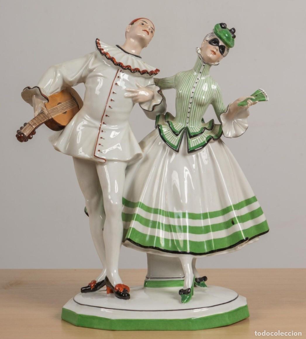 Antig&uuml;edades: Figura de porcelana Art Deco Fraureuth Pierrot Columbina