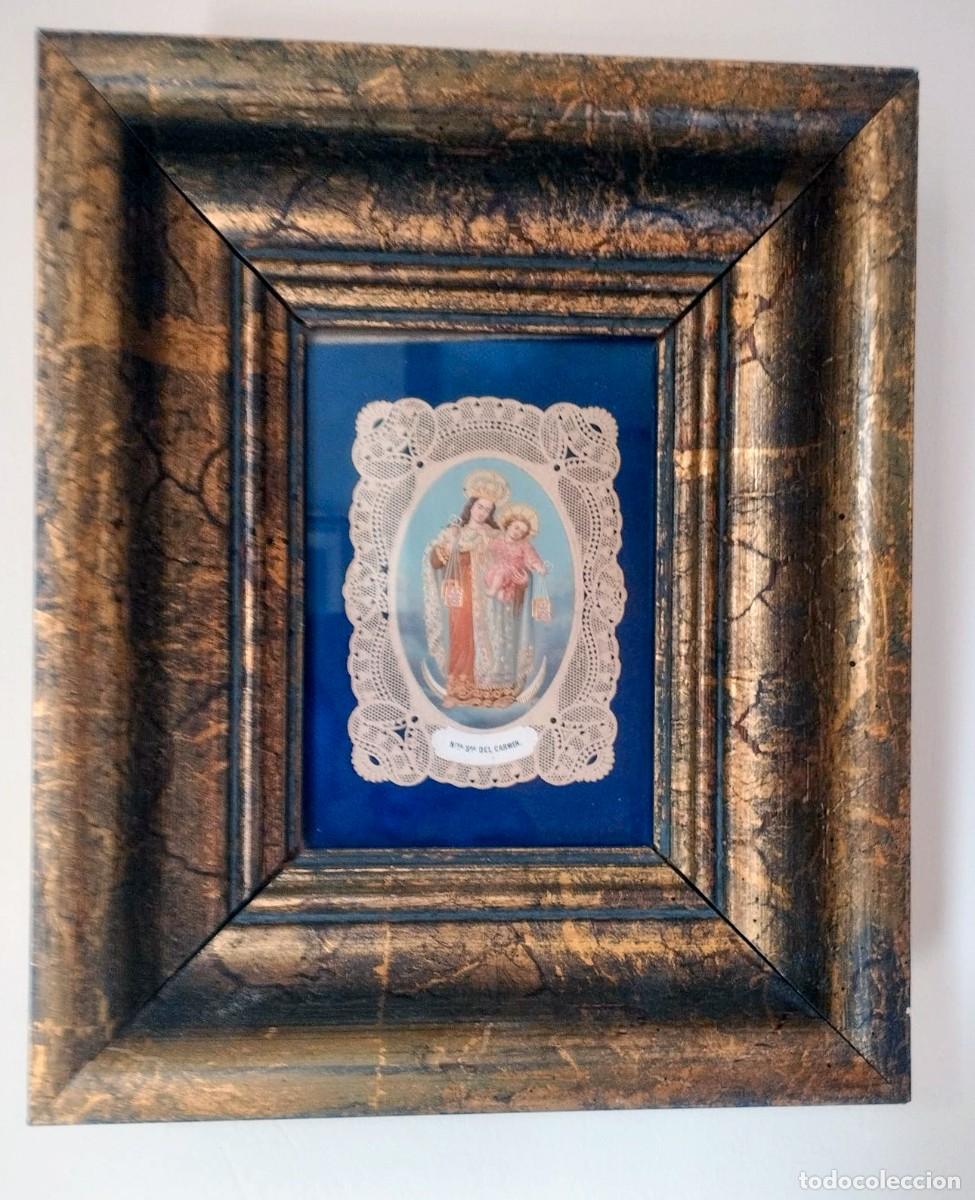 Antig&uuml;edades: Antiguo Cuadro de la Virgen del Carmen - Estampa Calada de Encaje Vintage