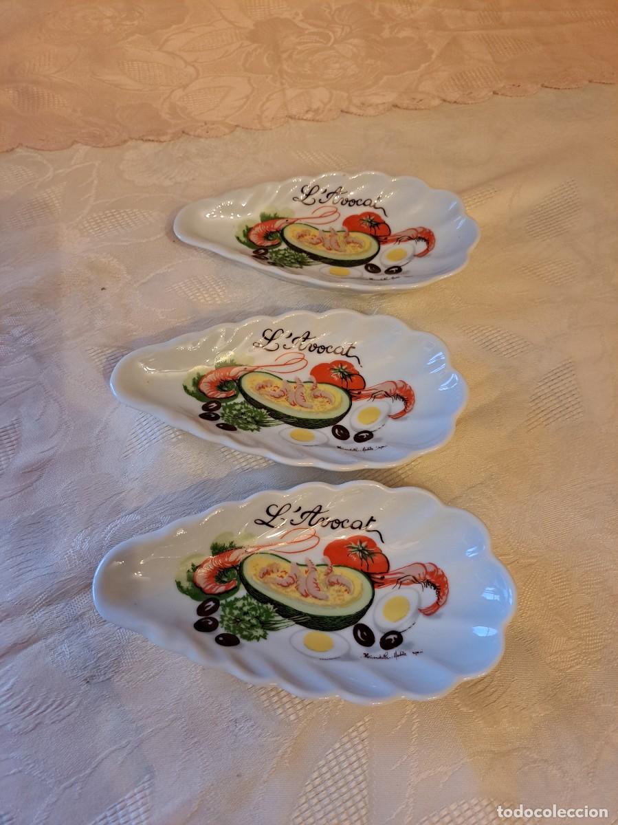 Antig&uuml;edades: Lote de 3 platos para aguacates de porcelana francesa L'Hirondelle,M&eacute;hun-sur-Y&egrave;vre