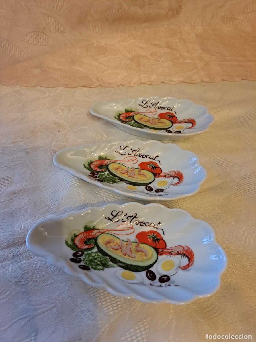 Antig&uuml;edades: Lote de 3 platos para aguacates de porcelana francesa L'Hirondelle,M&eacute;hun-sur-Y&egrave;vre