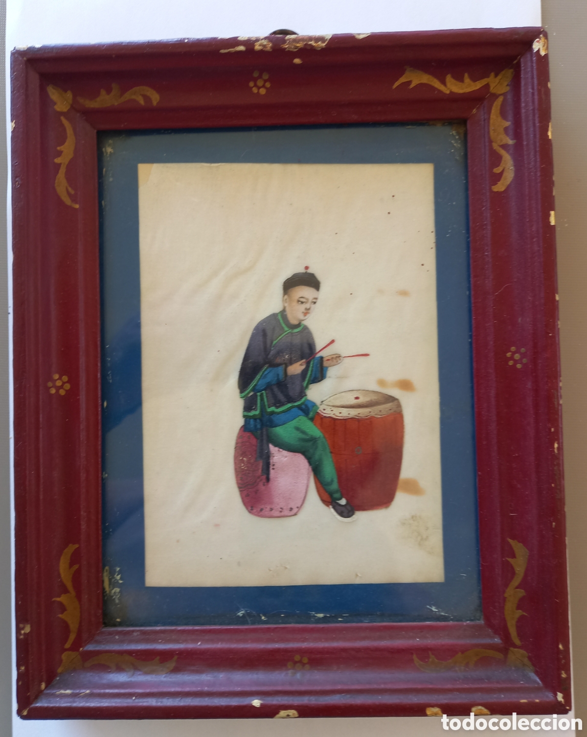 Antig&uuml;edades: Antiguas pinturas chinas de m&eacute;dula/gaucho sobre papel de arroz enmarcadas.