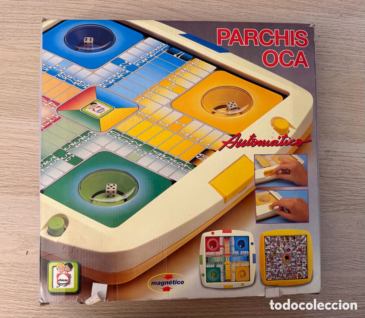 Antig&uuml;edades: Juego magn&eacute;tico autom&aacute;tico de parch&iacute;s y la Oca marca chicos,completo con sus fichas originales.