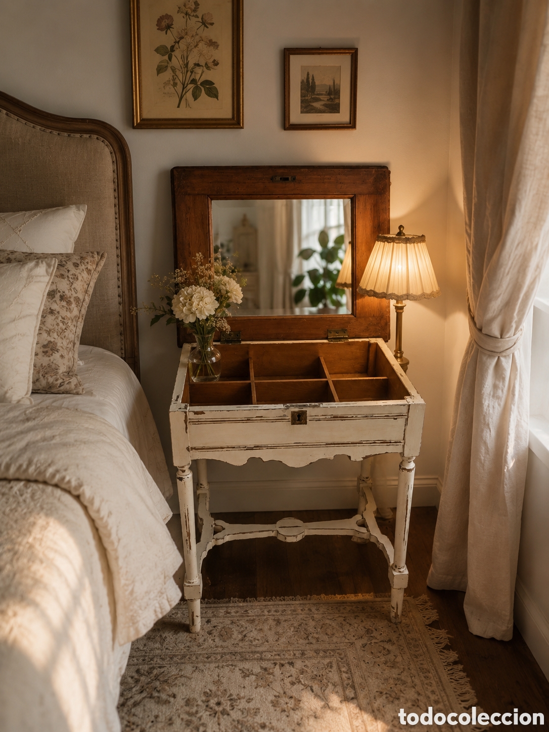 Antig&uuml;edades: Costurero antiguo con espejo y compartimentos &ndash; madera decapada - Foto 5