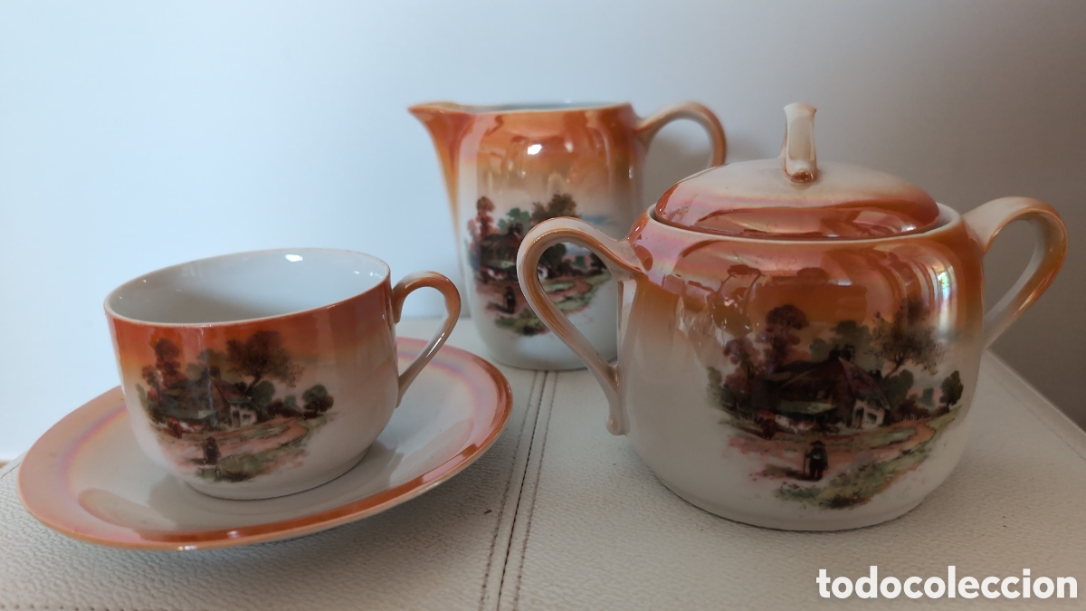 Antig&uuml;edades: Juego Caf&eacute; Vintage Porcelana Iridiscente Paisaje - 12 Servicios
