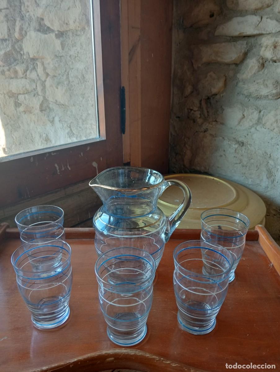 Antig&uuml;edades: JUEGO DE AGUA VIDRIO DECORADO