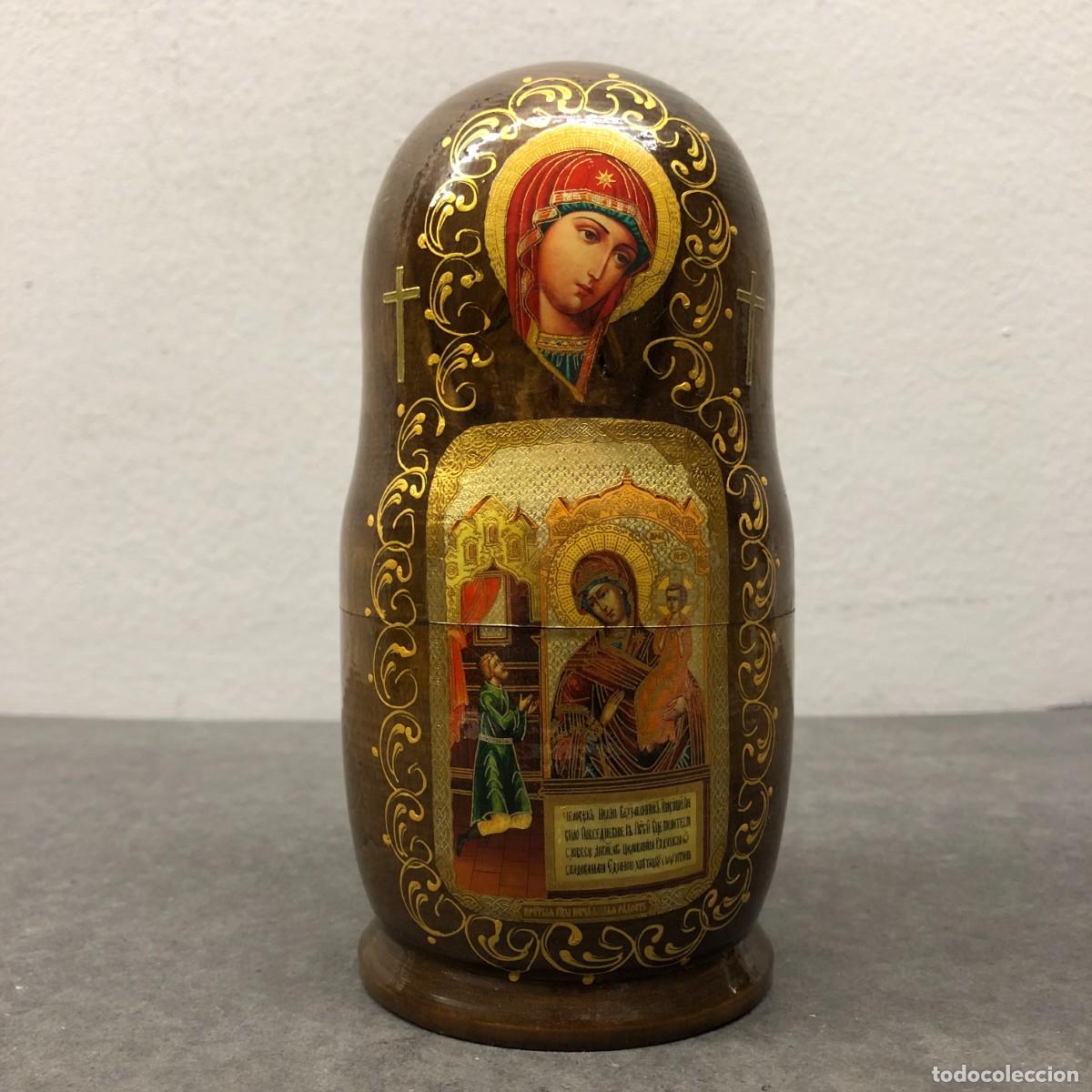 Antig&uuml;edades: MU&Ntilde;ECA MATRIOSKA RELIGIOSA - 5 MU&Ntilde;ECAS RUSAS DE MADERA - IGLESIA ORTODOXA - 18 X 8 CM / 447