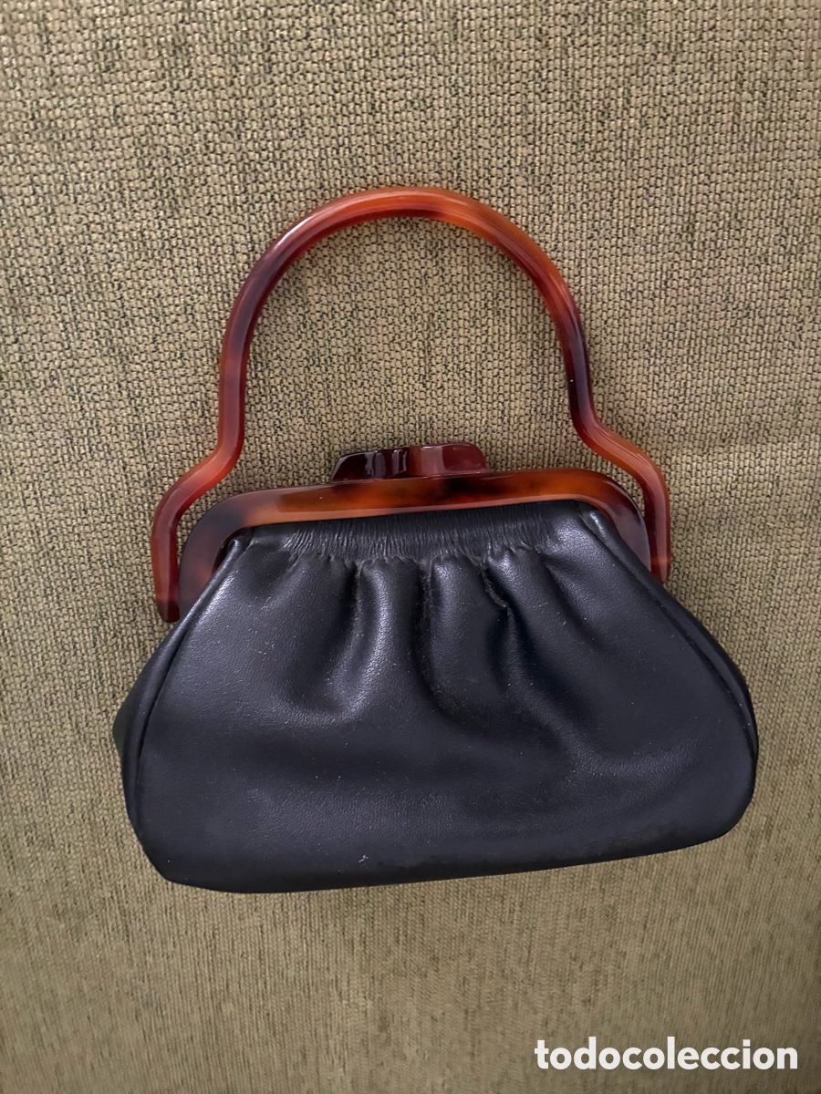 Antig&uuml;edades: Bolso de piel vintage a&ntilde;os 50&ndash;60 con asa de baquelita efecto carey