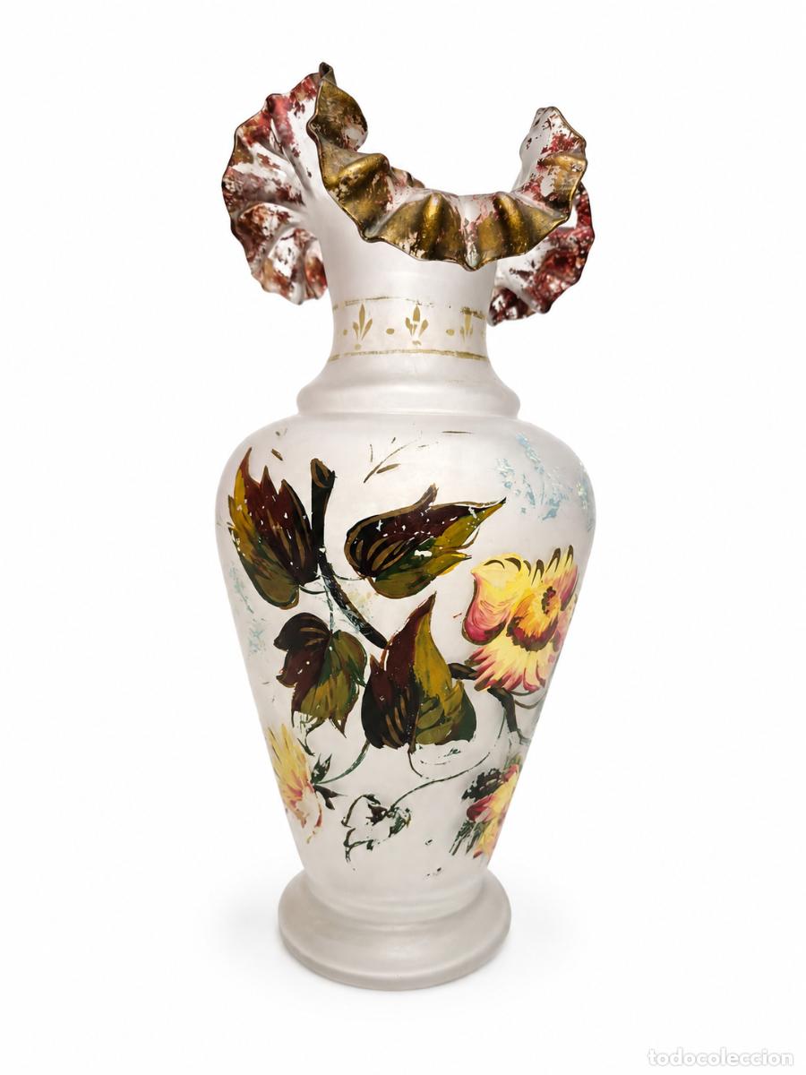 Antig&uuml;edades: Jarr&oacute;n de Cristal Satinado, Opalina - Pintado a mano - S.XIX - Boca Rizada
