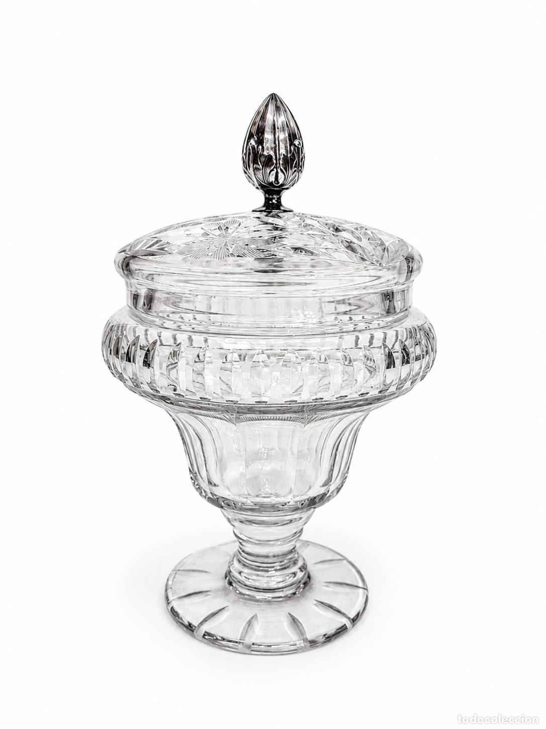 Antig&uuml;edades: Bombonera Antigua Cristal Tallado con Tapa - Pomo Plateado (Pin&aacute;culo)