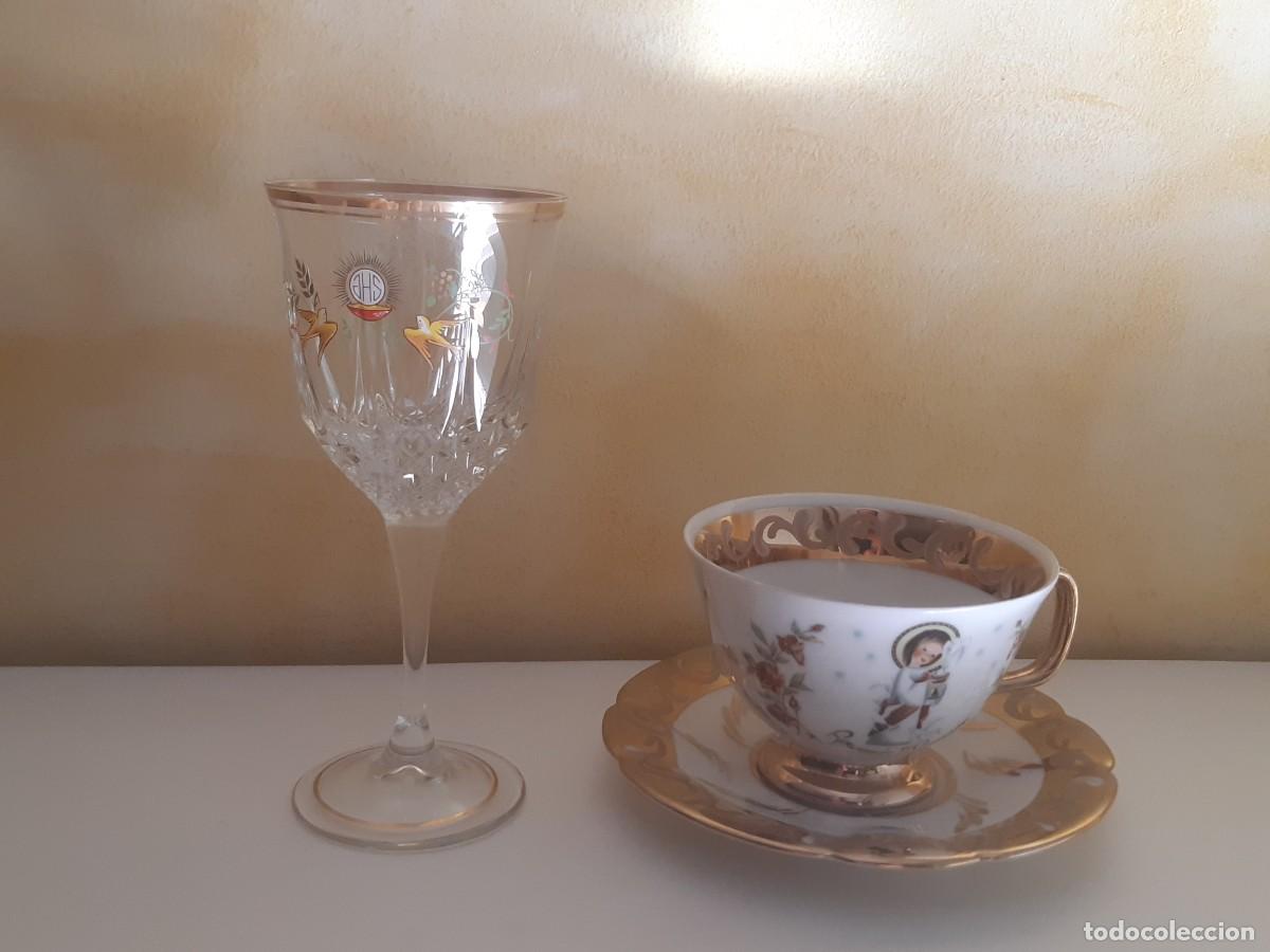 Antig&uuml;edades: Conjunto vintage de copa, taza y plato &rdquo;Recuerdo primera Comuni&oacute;n&rdquo;