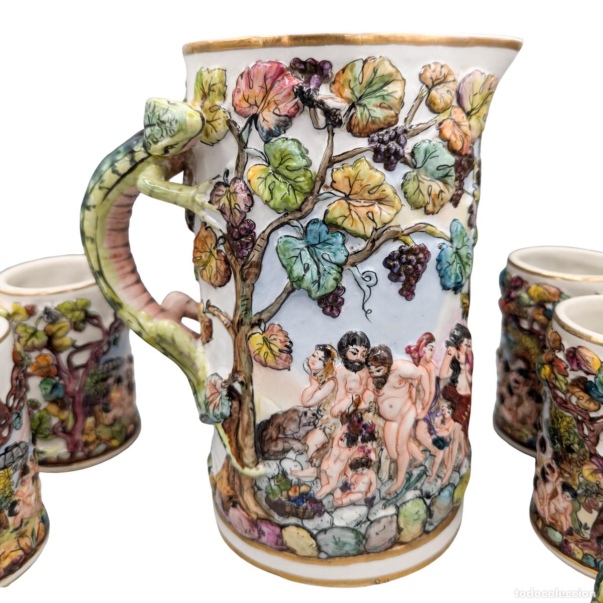 Antig&uuml;edades: Jarra y 6 tazas de estilo Capodimonte - Lagartija - Porcelana