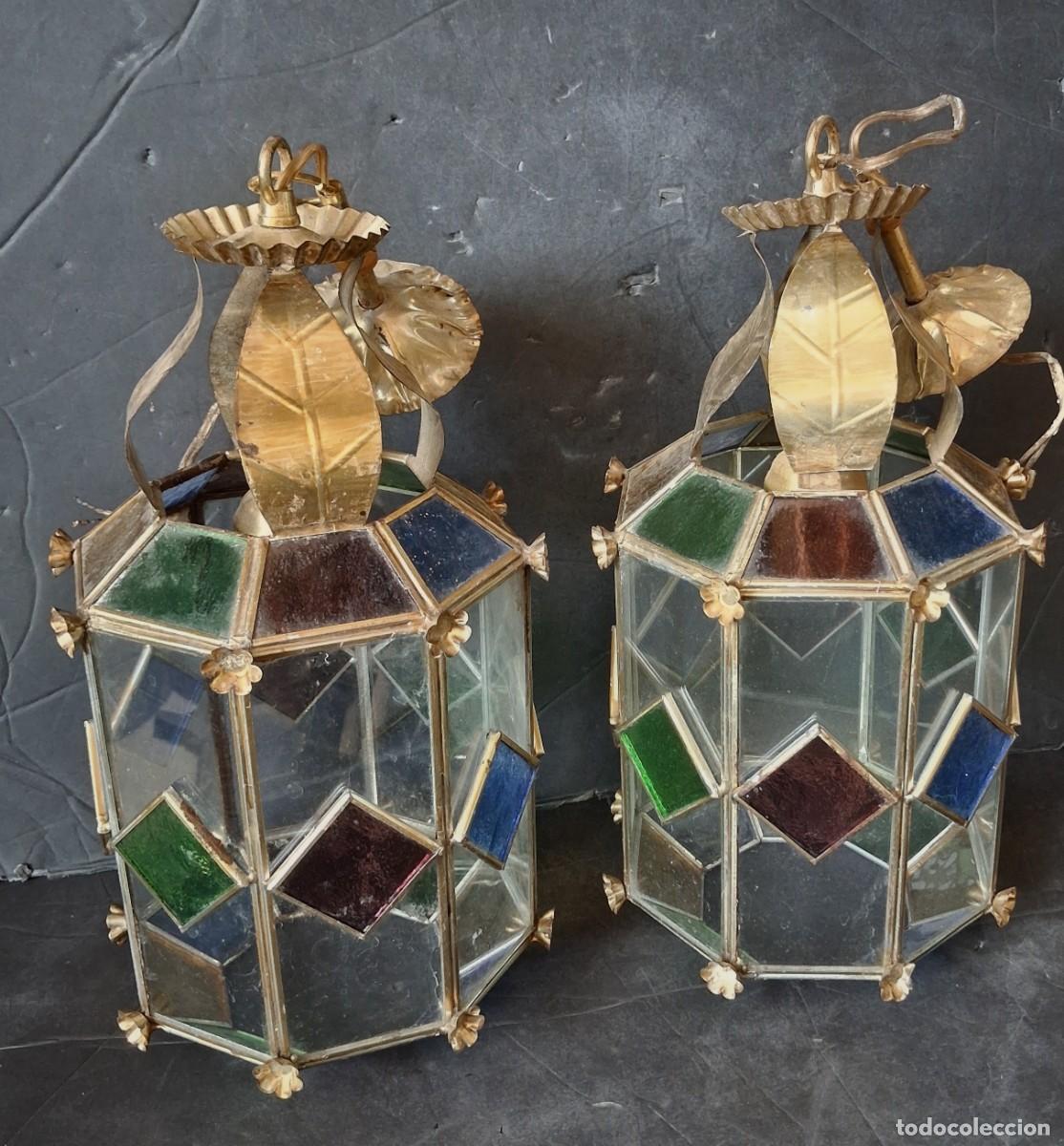 Antig&uuml;edades: Pareja de faroles de cristal y metal para colgar