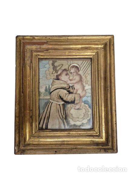 Antig&uuml;edades: San Antonio de Padua - Tapiz Bordado en Seda - Marco Original de &Eacute;poca - S. XVIII