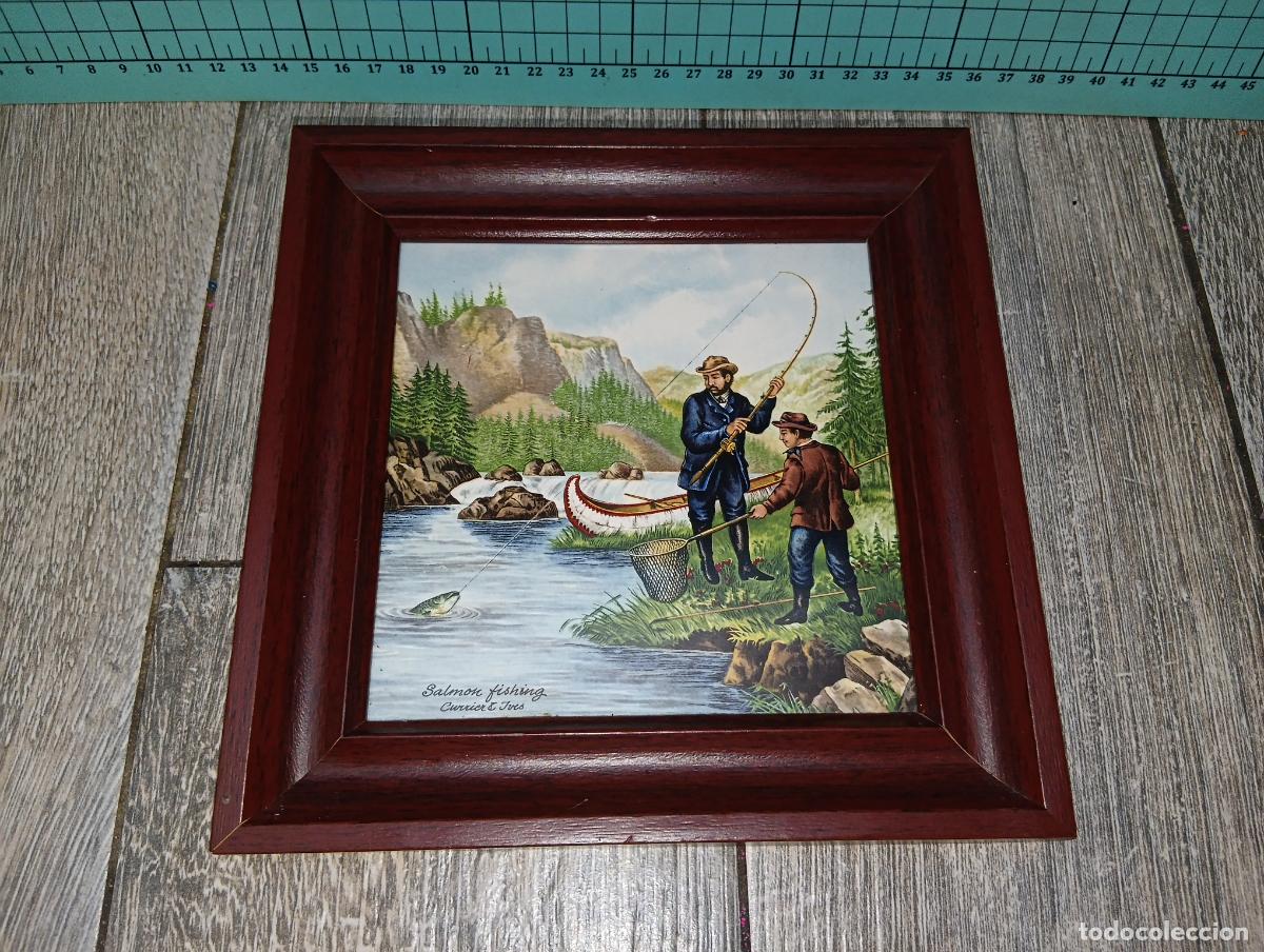 Antig&uuml;edades: Azulejo Cer&aacute;mico Vintage Enmarcado Currier & Ives Pesca de Salmones Salm&oacute;n Fishing