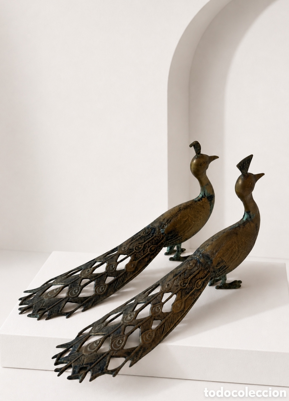 Antig&uuml;edades: Antigua Pareja de Pavos Reales Lat&oacute;n Bronce
