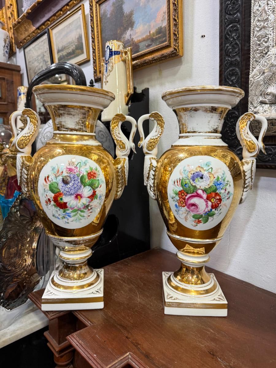 Antig&uuml;edades: ESPECTACULAR PAREJA DE JARRONES DE CERAMICA VIEJO PARIS - MEDIDA 44 CM