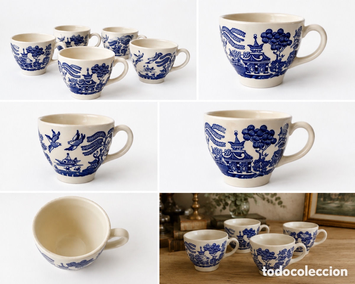 Antig&uuml;edades: Juego de 5 tazas vintage de cer&aacute;mica inglesa azul y blanca &ndash; decoraci&oacute;n chinoiserie