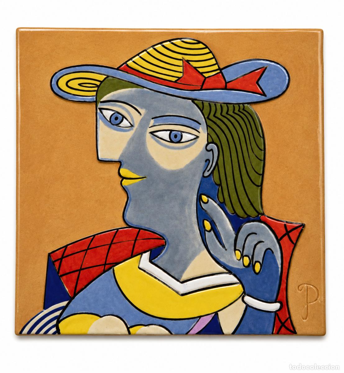 Antig&uuml;edades: Azulejo de Cer&aacute;mica - La Mujer con el Sombrero, 1962 Pablo Picasso - Firma del Ceramista