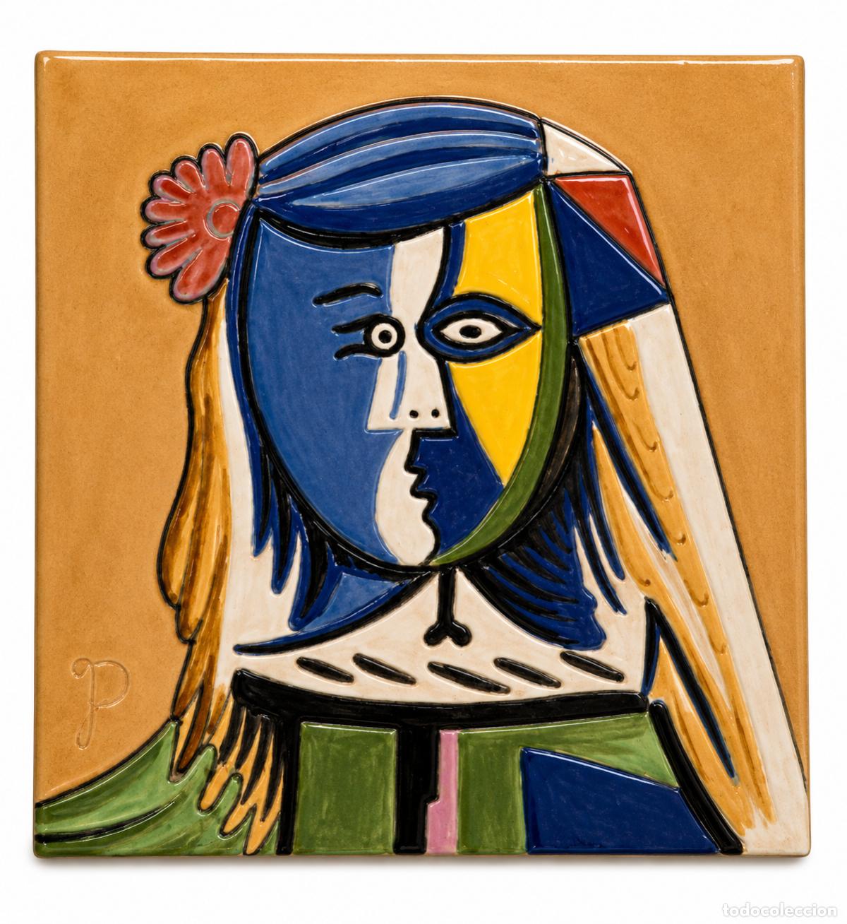 Antig&uuml;edades: Azulejo de Cer&aacute;mica - Retrato de Marie-Th&eacute;r&egrave;se Walter 1937 Pablo Picasso - Firma del Ceramista
