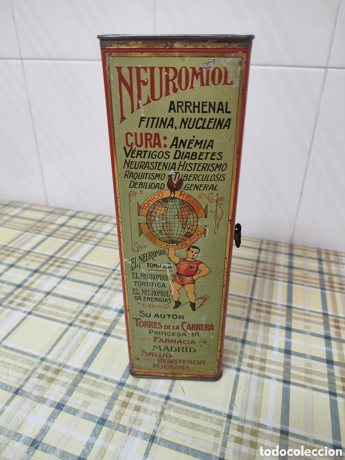 Antig&uuml;edades: Rar&iacute;sima caja lata neuromlol Madrid t&oacute;nico farmacia diabetes