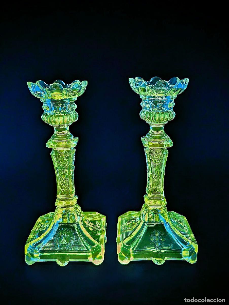 Antig&uuml;edades: Antique German Crystal Candlesticks (1900-1930) Fenne Glash&uuml;tte &ndash; UV Reactive