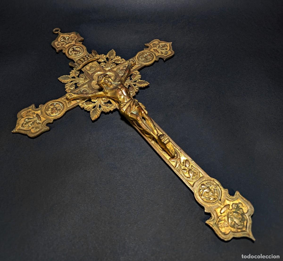 Antig&uuml;edades: Large Antique Bronze Crucifix &ndash; Ornate Gothic Revival Cross &ndash; 45 cm &ndash; 1.54 kg
