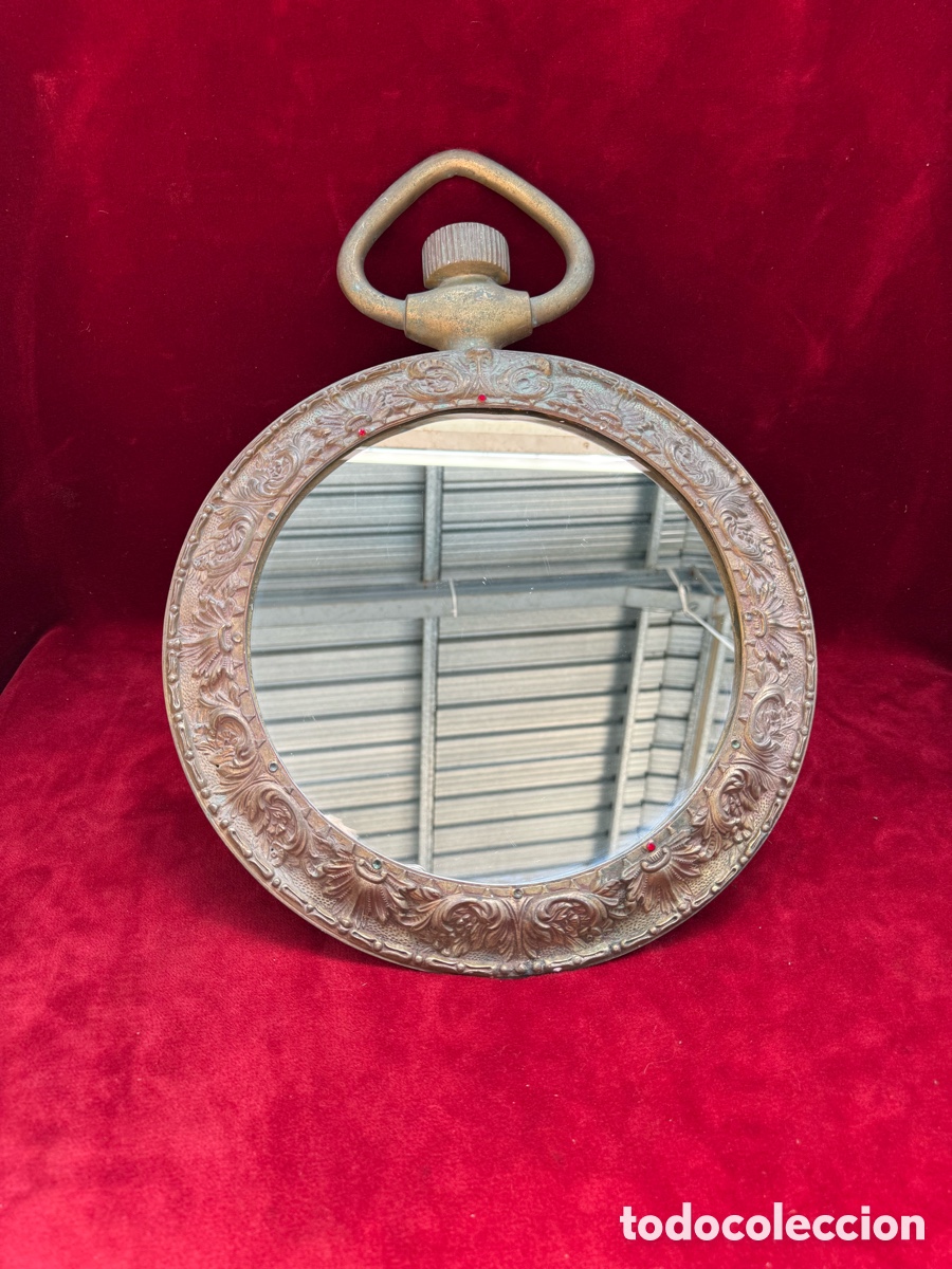 Antig&uuml;edades: Antiguo espejo con forma de reloj de bolsillo!Bronce