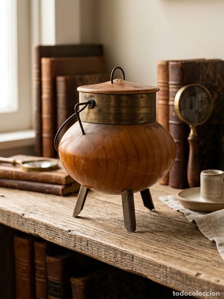 Antig&uuml;edades: Pote antiguo en madera y cobre, con tres pies